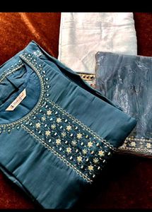 Teal Embroidered Kurti Set