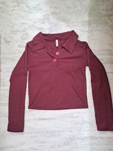 Wine Red Ribbed Collared Top