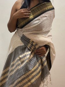 Elegant White Gold Black Saree