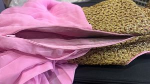 Elegant Pink &amp; Gold Anarkali Suit with Net Dupatta