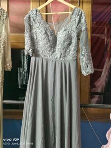 Elegant Gray Lace Evening Gown