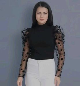 Elegant Black Top with Sheer Polka Dot Puff Sleeve