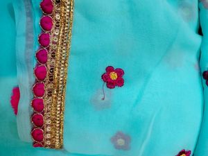 Turquoise Floral Embroidered Saree