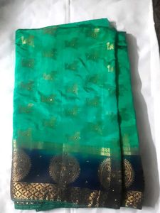 Green & Gold Saree With Blouse.
