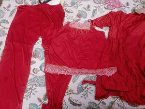 3 Piece Red Satin Night Suit Set In L Size