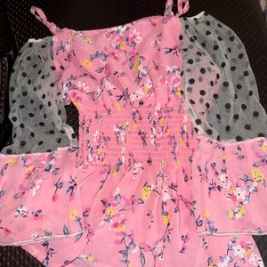 Pink Floral Top with Polka Dot Sleeves