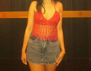 Red Sequence Halter Top