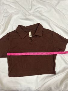 Brown Ribbed Crop Polo Top