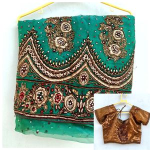 🦚🌿Green Embroidered Partywear Saree🦚🌿