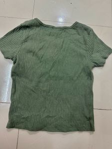 Olive Green Ribbed Button T-Shirt