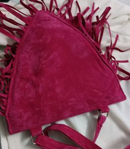 Pink  Vintage Suede Embroidered Fringe Bag