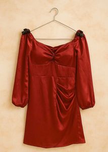Elegant Burgundy Satin Puff Sleeve Dress❤️🎀
