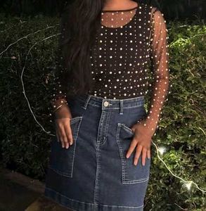 Pearl see through long sleeve mesh top