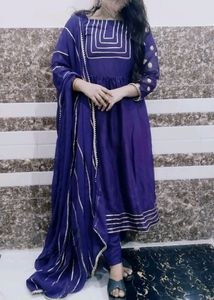 Dhank Work Purple Frock Suit With Dupatta