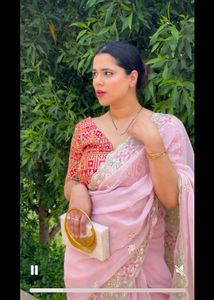 Organze Baby Pink Saree With Rani Blouse