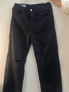 Black High Waisted Ripped Wide-leg Denim Jeans