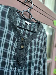 Plaid Tunic Top with Crochet Details