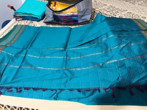 Teal & Gold Striped Saree