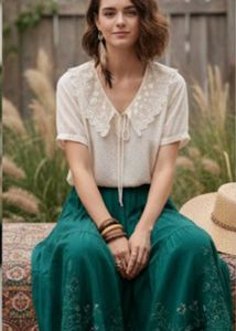 Lace Collar Blouse & Green Skirt