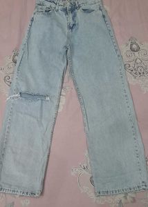 Baggy One-Side Ripped Light Blue Jeans