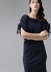 Roadster Navy Blue Solid Ribbed Sheath Dress