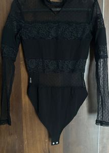 Black Bodysuit With Net And Lace Detailing