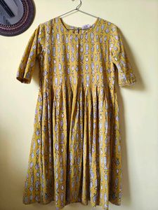 Mustard Fish Print Cotton Dress