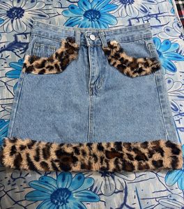 Y2K animal print fur denim skirt