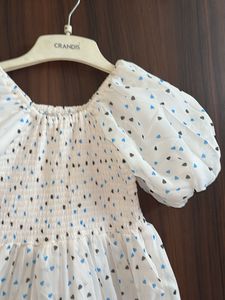 White Heart Print Puff Sleeve Dress