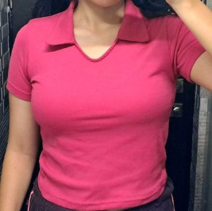 Rose Pink Ribbed Polo-neck Crop Top