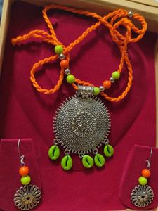 Orange Green Oxidised Necklace Set