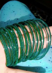 Green Colour Velvet Glass Bangles With A Pendant.