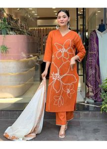 🧡🤍Orange kurta pant Set With Dupatta 🤍🧡