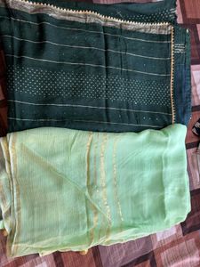 Striped & Dotted Green Sarees (Set of 2)