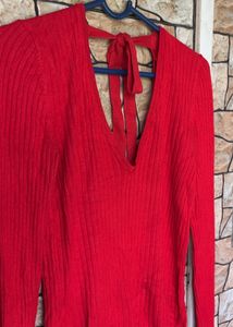 Red Ribbed Knit Top with Tie Back
