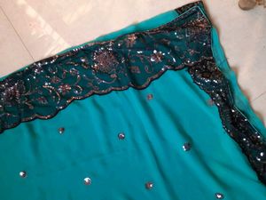Sky Blue Heavy Net Work Saree With Blouse