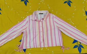 Striped Button-Down Crop Top with Full Sleeves – S