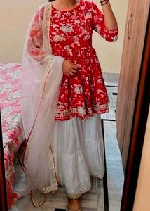 Red Floral Kurti &amp; White Sharara