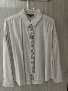 Women White Linen Shirt with Blue And Pink Tread