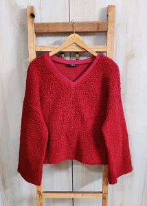 Red V-Neck woolen Plush Top size-42