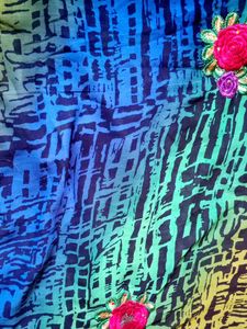 Floral Embroidered Blue &amp; Green Saree