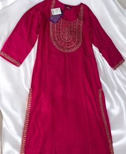 Royal Pink Kurta With Mirror Work Golden Embroider