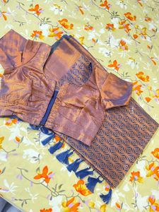 Navy Blue & Gold Copper Mix Sari With Blouse