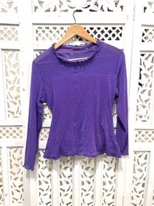 Purple Ruffle Trim Long Sleeves Top A