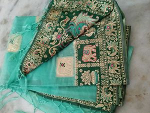 Gorgeous Green &amp; Teal Sari, Without Blouse