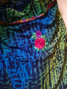 Floral Embroidered Blue & Green Saree