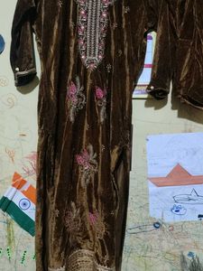 Elegant Brown Embroidered velvet Kurta Set