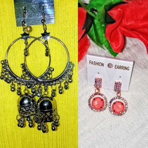 Combo Set Of 2 Peach DropEarring & Metallic Jhumka