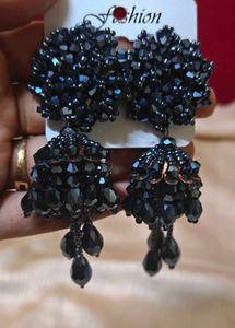 Black Beaded Jhumka Earrings