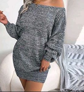 Gray Knit Off-Shoulder Mini Dress